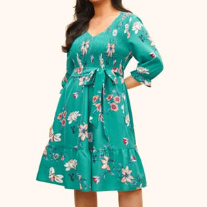 BloomChic Floral Print Shirred Front Ruffle Sleeve Dress